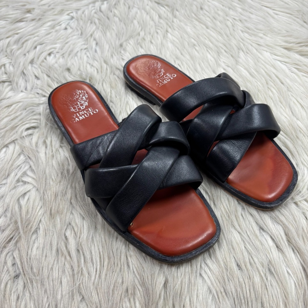 Vince Camuto Women's 8 Black Leather Northala Woven Slide Sandal Square Toe